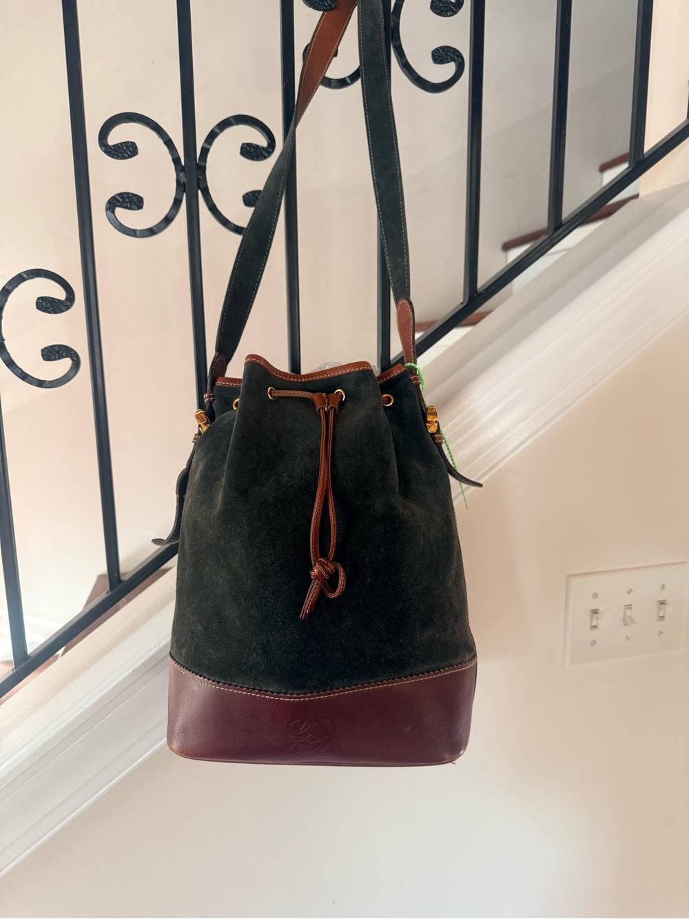 LOEWE Vintage 1985 Caza Cordoban Suede Balloon Bucket Bag Forest Green - Picture 2 of 16